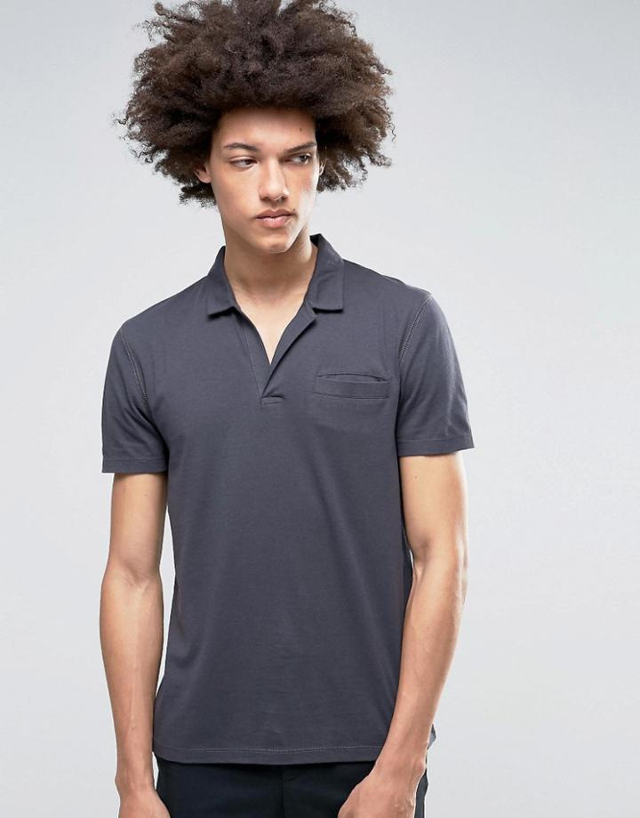 Asos Polo With Open Collar And Pocket In Gray - Ebony