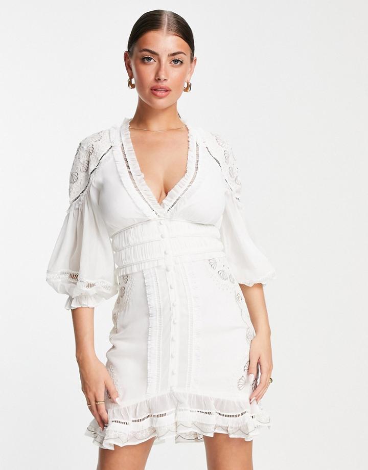 Asos Design Button Detail Mini Dress With Floral Embroidery And Lace Trim Detail-white