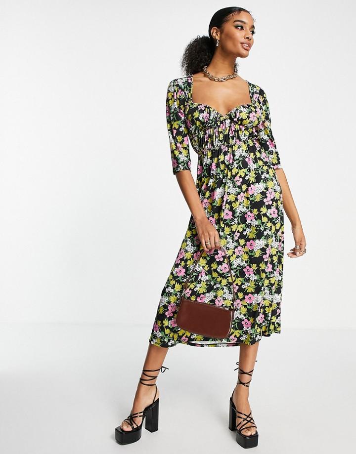 Asos Design Ruched Detail Midi Dress In Black Base Floral