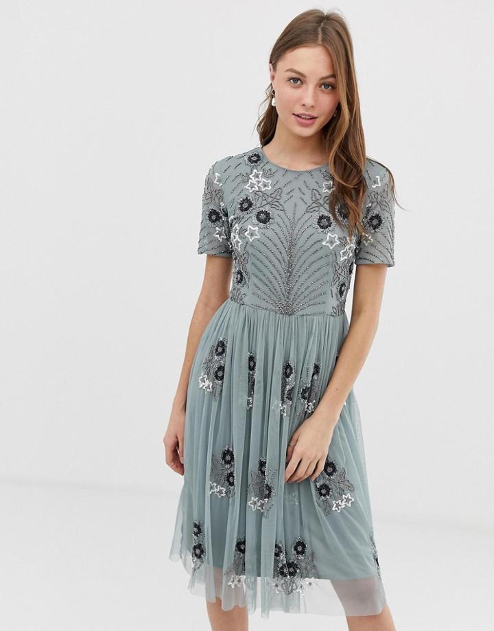 Lace & Beads Scatter Embellished Tulle Midi Dress In Teal Gray - Gray