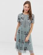 Lace & Beads Scatter Embellished Tulle Midi Dress In Teal Gray - Gray