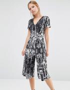 Liquorish Palm Print Culotte Jumpsuit - Black