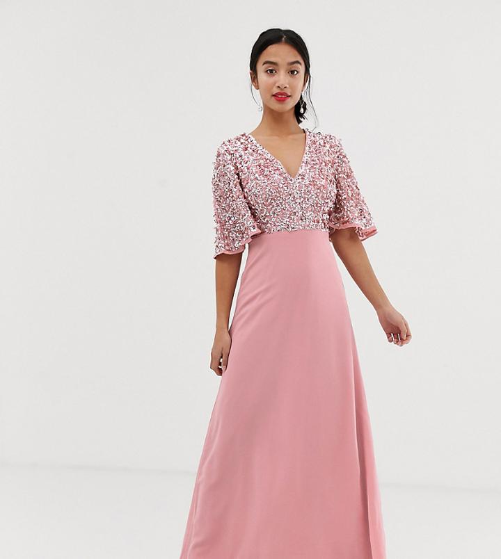 Maya Petite Sequin Top Maxi Bridesmaid Dress With Flutter Sleeve Detail-pink
