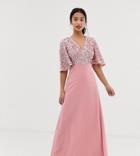Maya Petite Sequin Top Maxi Bridesmaid Dress With Flutter Sleeve Detail-pink