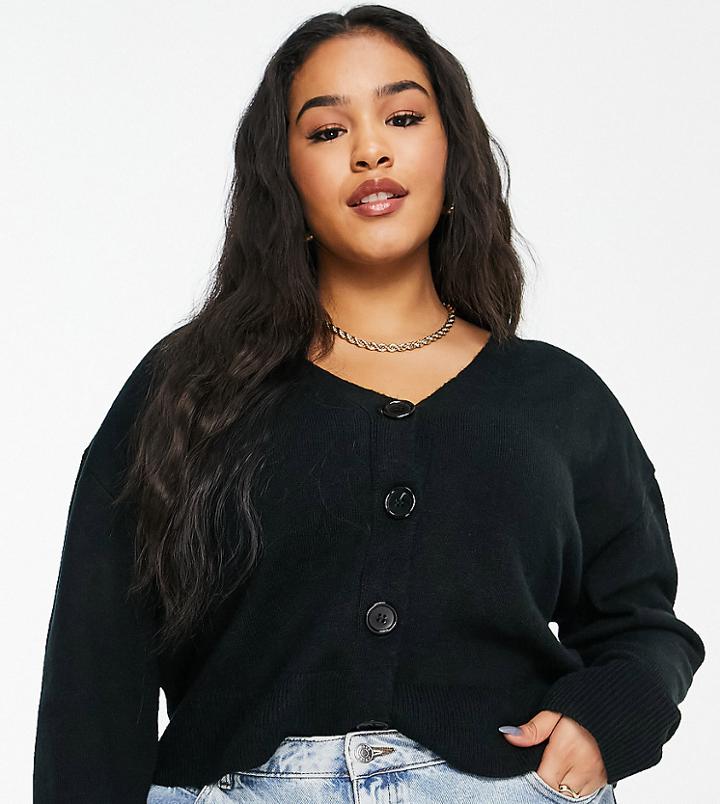 Asos Design Curve Button Through Fluffy Boxy Cardi In Black