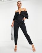 Asos Design Scuba Off-the-shoulder V Bar Slim Leg Jumpsuit In Black