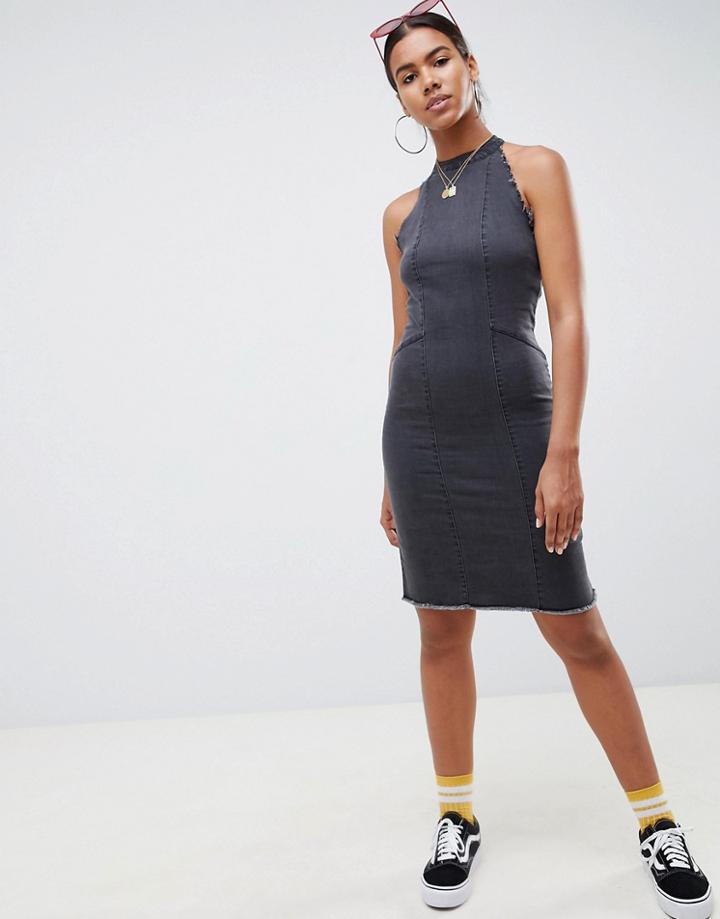 Noisy May Raw Edge Midi Denim Dress - Black