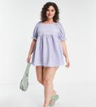 Yours Square Neck Puff Sleeve Peplum Dress In Blue Gingham