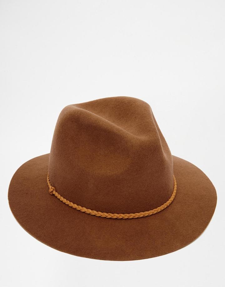 Asos Fedora Hat In Brown Felt With Braid Band - Brown