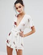 Love & Other Things Tie Back Romper In Floral Print - Cream