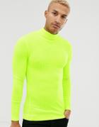 Asos Design Muscle Fit Long Sleeve Roll Neck T-shirt In Neon Yellow - Yellow