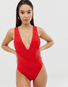 Asos Design Weave Detail Bandage Plunge Swimsuit In Red