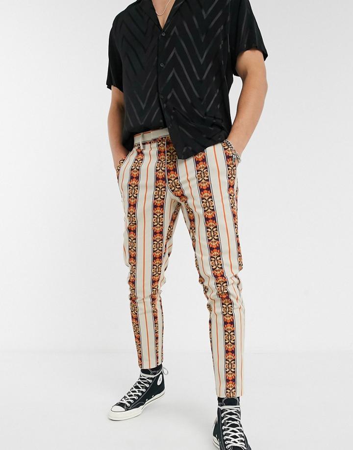 Asos Design Smart Skinny Pants In Stone Stripe Jacquard And Self Tie Belt