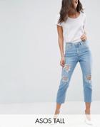 Asos Tall Farleigh High Waist Slim Mom Jeans In Miracle Light Wash With Rips - Blue
