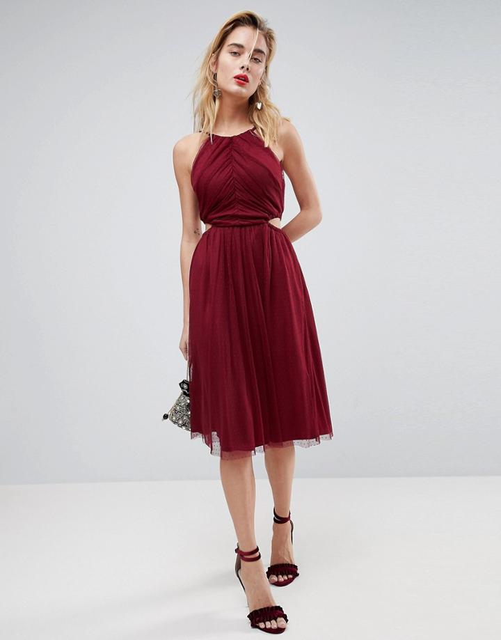 Asos Dobby High Neck Midi Dress With Cut Out Sides - Purple