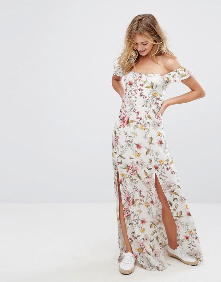 Bershka Floral Printed Split From Maxi Dress - White