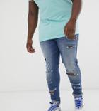 Asos Design Plus Spray On Jeans In Power Stretch With Heavy Rips In Mid Wash Blue