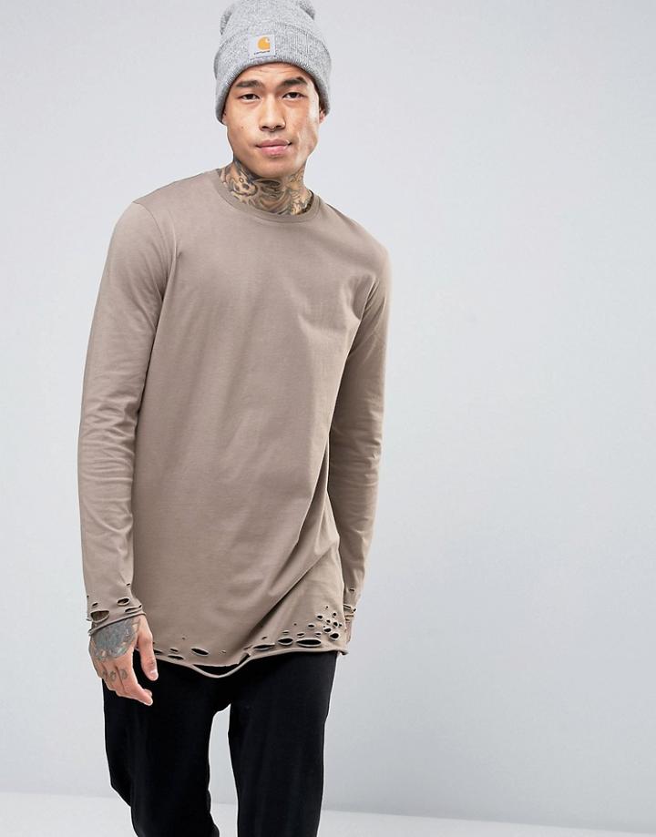 Asos Super Longline Long Sleeve T-shirt With Distressed Hem In Beige -