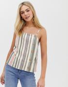 Miss Selfridge Linen Cami With Buttons In Multi Stripe - White