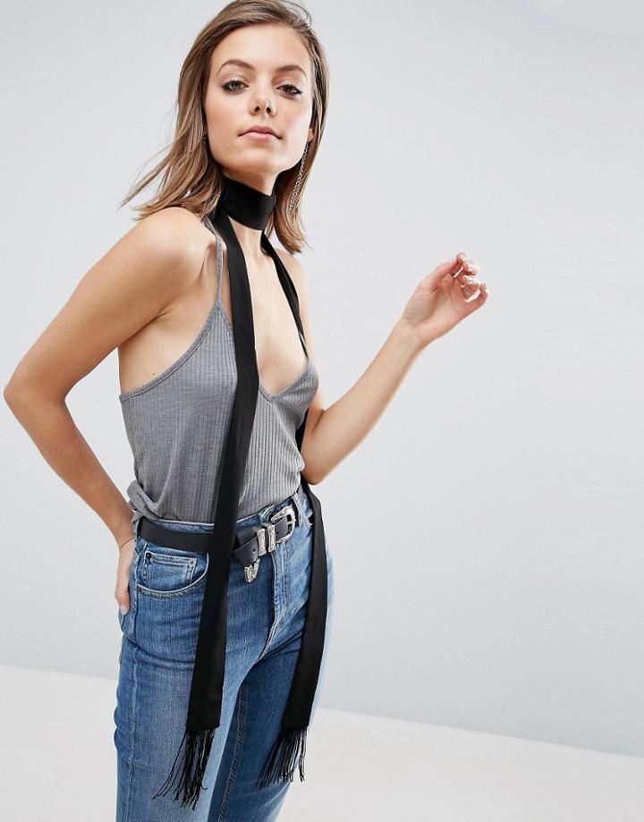 Asos Long Skinny Scarf With Fringing - Black