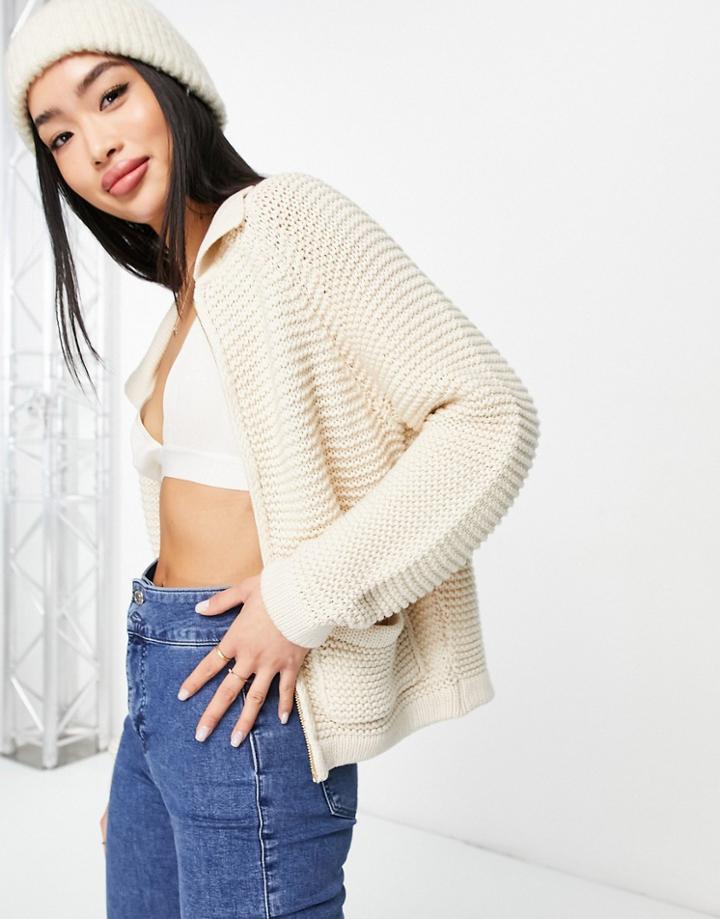 Pieces Zip Front Knitted Cardigan In Neutral-white