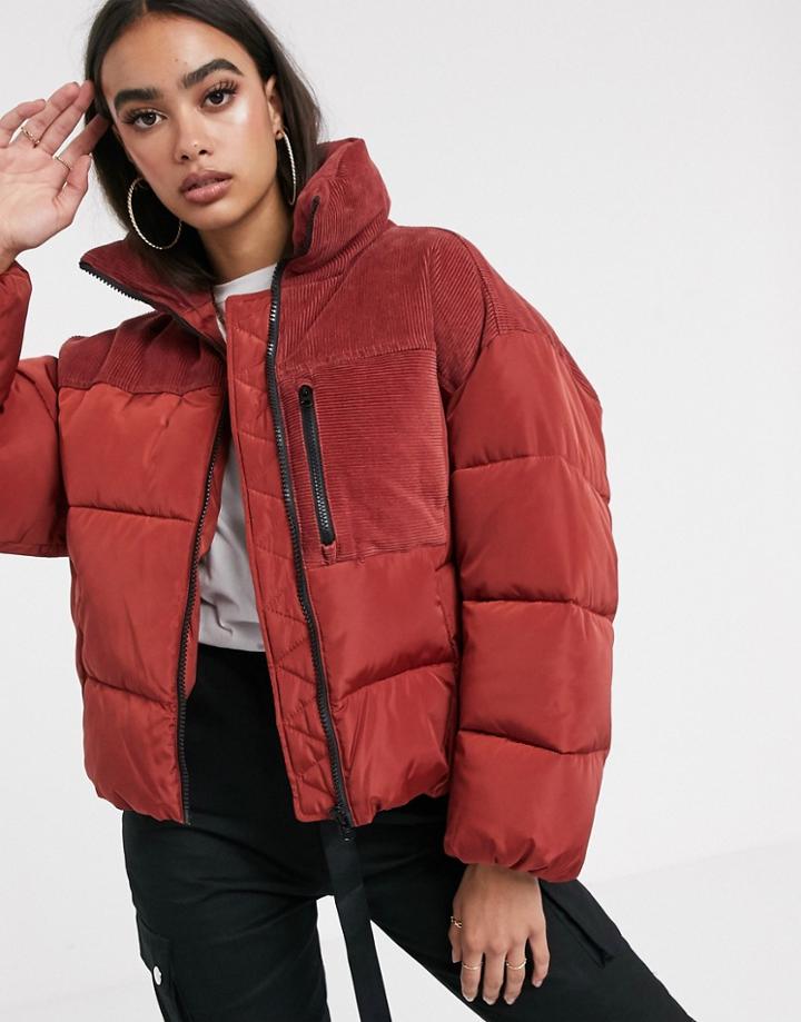 Asos Design Padded Jacket With Cord Patching In Red - Yellow
