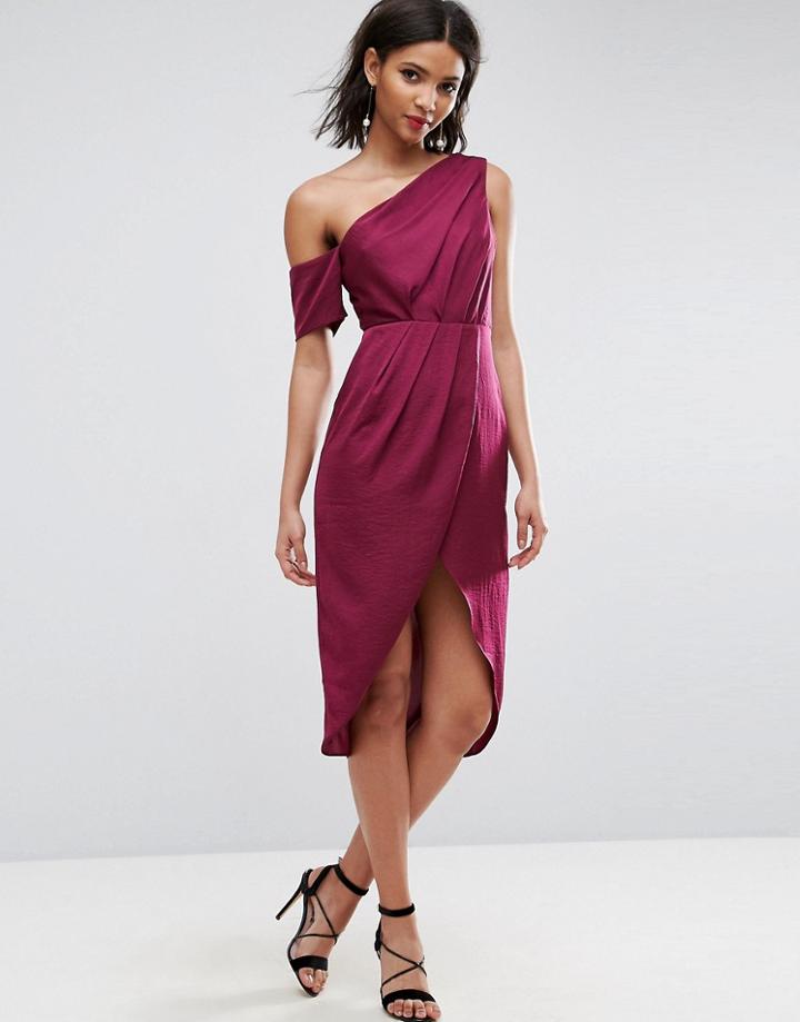 Asos Hammered Satin Pencil Midi Dress - Red