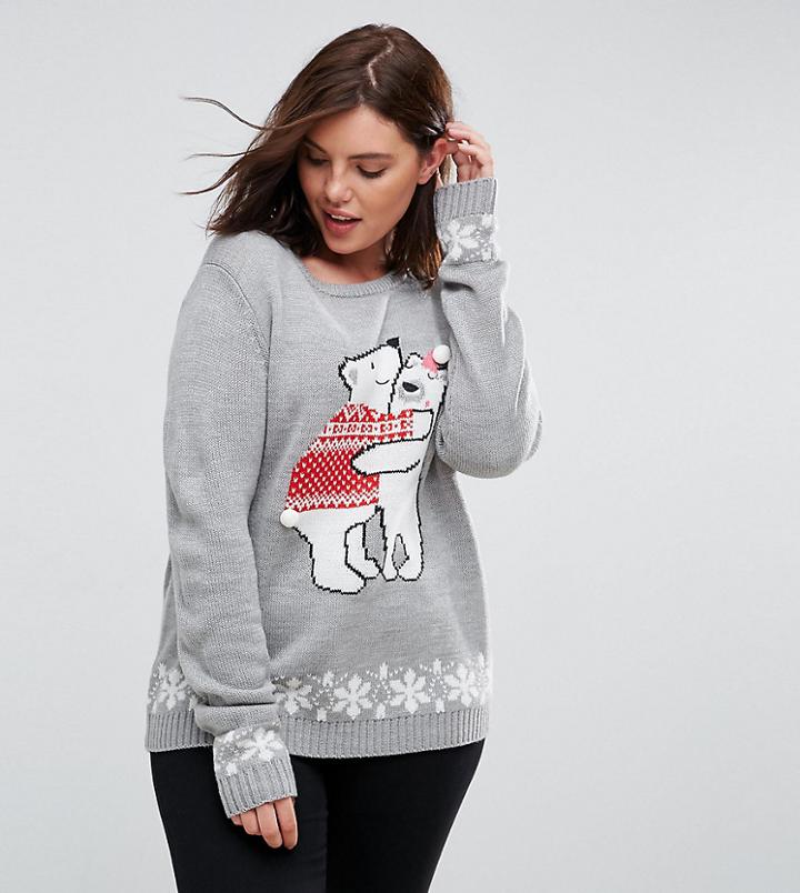 Brave Soul Plus Longline Holidays Sweater With Fairisle Sleeves - Gray