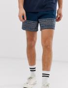 Asos Design Shorter Shorts In Navy With Embroidered Border - Navy