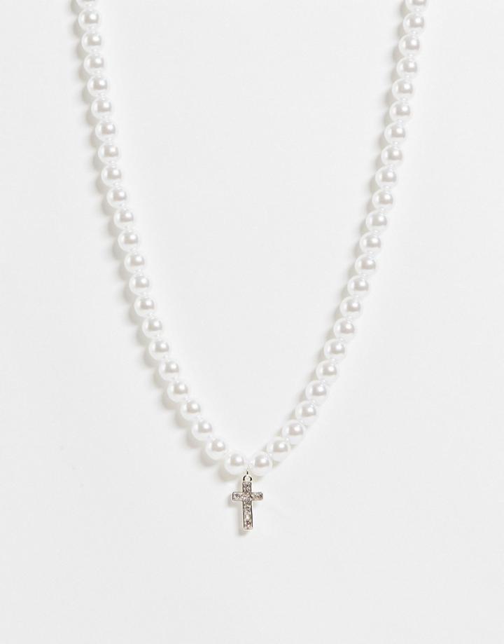 Asos Design Faux Pearl Necklace With Cross Pendant Design-white