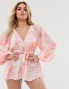 Asos Design Plunge Top With Kimono Sleeve And Belt Detail In Tie Dye Print-multi