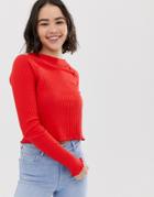Pull & Bear Ribbed Long Sleeved Top In Red - Red