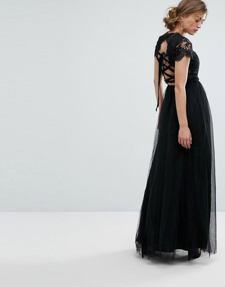 Chi Chi London Maxi Tulle Dress With Lace Up Back - Black