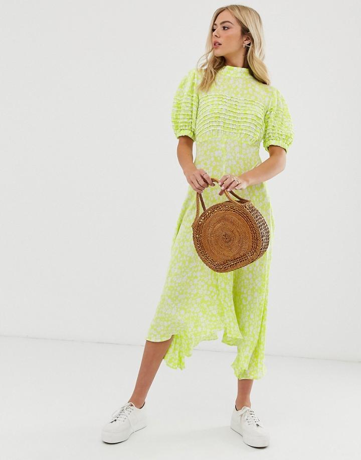 Ghost Jenna Crepe Hanky Hem Floral Midi Dress-yellow