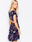 Club L Floral Skater Dress With Cross Back And Cut Out - Navy