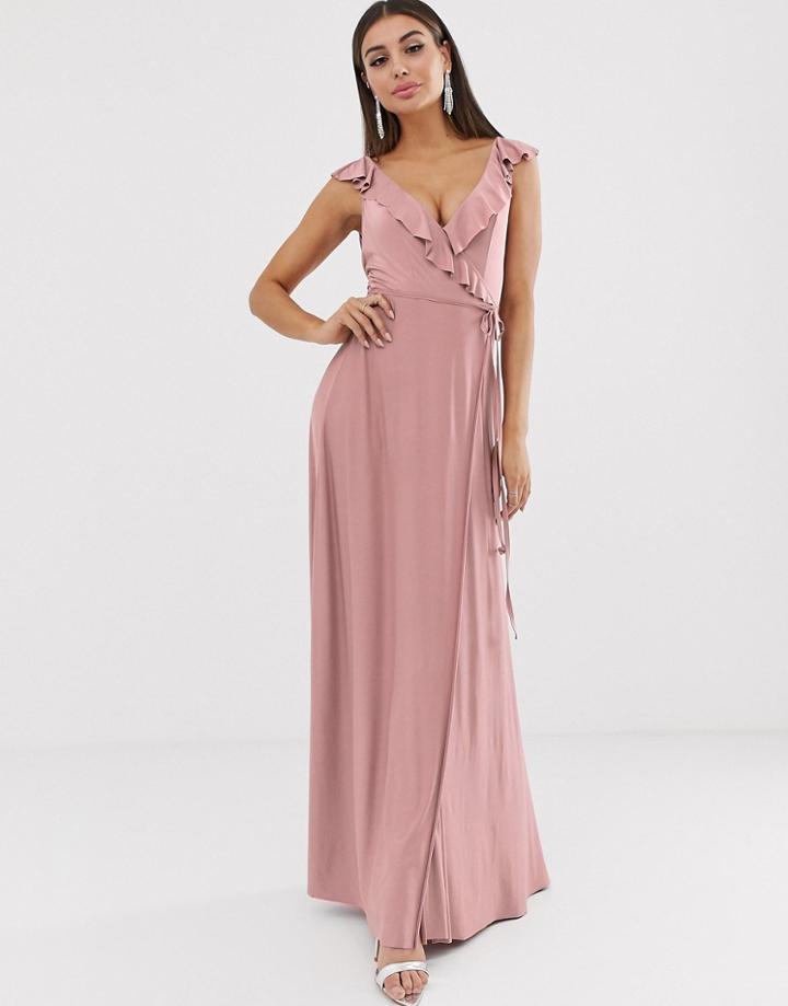 Asos Design Ruffle Wrap Maxi Dress With Tie Detail-pink