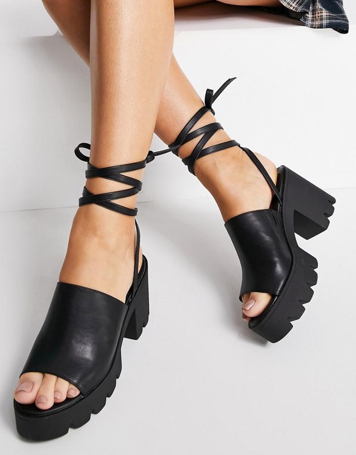 London Rebel Chunky Heeled Sandals With Tie Leg In Black