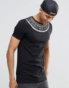 Asos Muscle Longline T-shirt With Geo-tribal Neck Print - Black