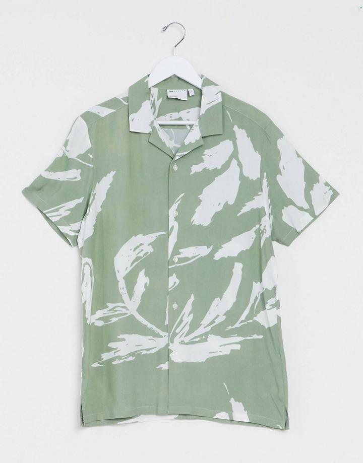 Asos Design Regular Fit Deep Revere Shirt In Mint Abstract Floral Print-green