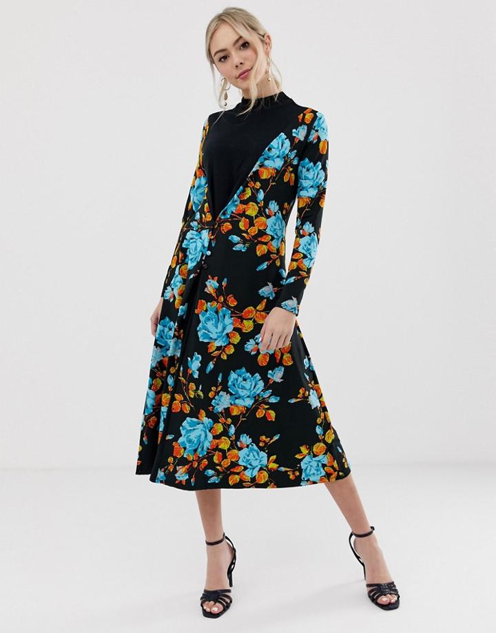 Asos Design Mixed Fabric Floral Button Front Midi Dress-multi
