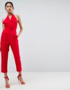 Asos Tailored Halter Jumpsuit With Lapel Detail And Peg Leg - Red