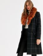 Vila Check Coat With Removerble Faux Fur