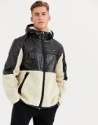 River Island Nylon Fleece Jacket In Black & Ecru