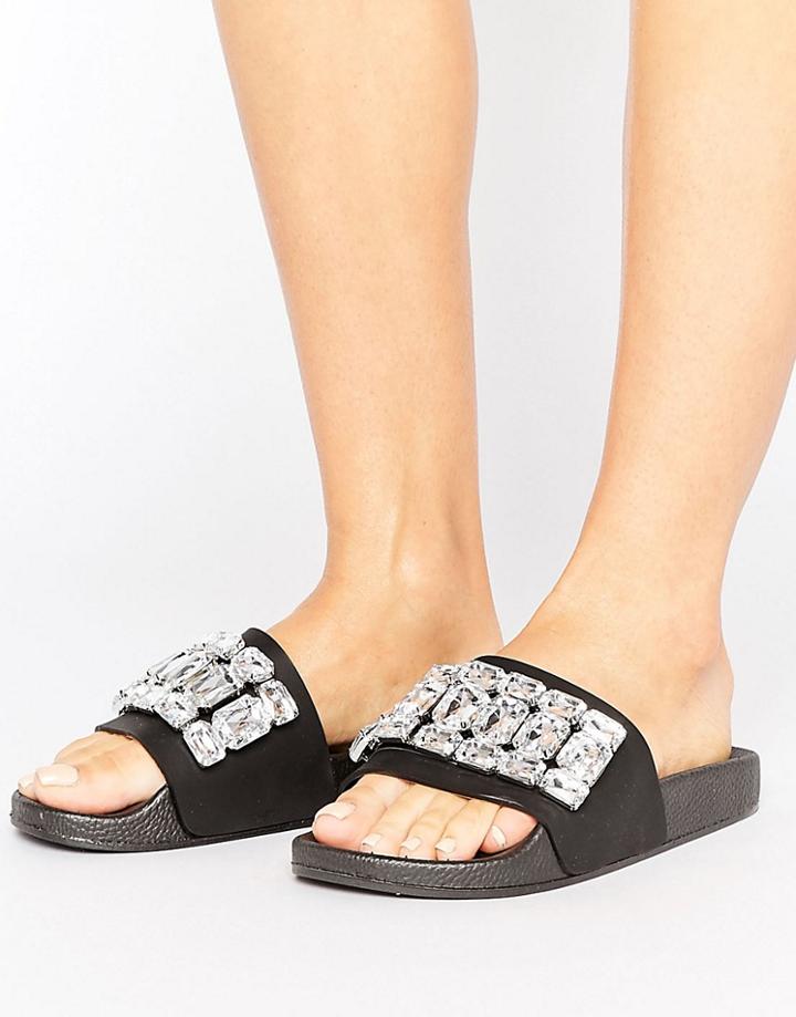 Truffle Jewel Slide Flat Sandal - Silver