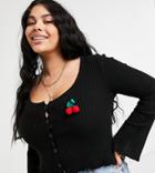 Skinnydip Curve Relaxed Cardigan With Knitted Cherry Embroidery-black