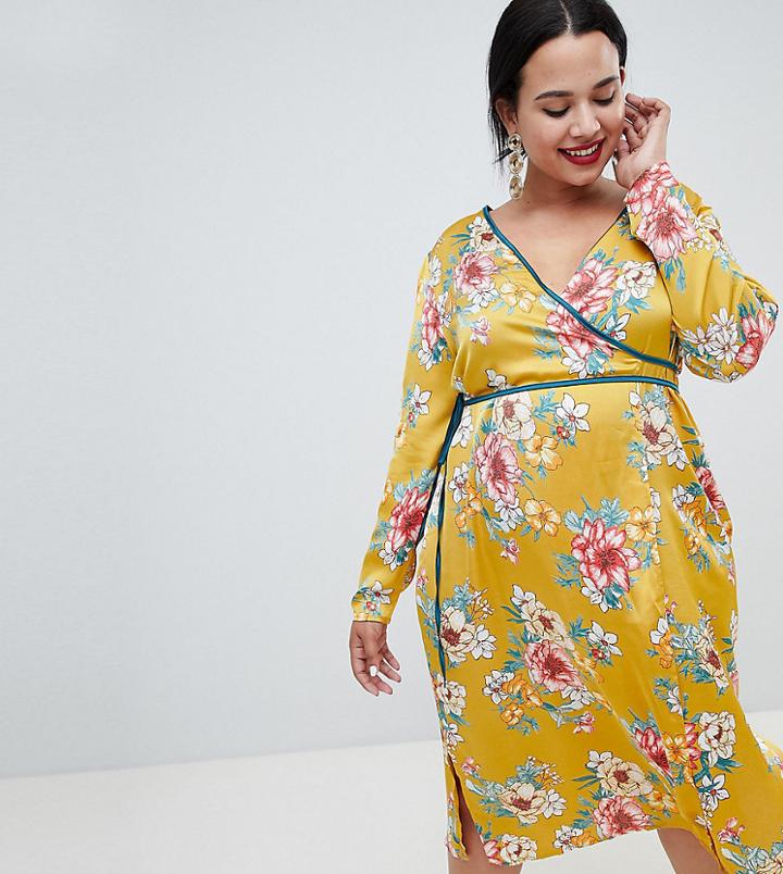 Missguided Plus Satin Floral Wrap Dress - Yellow