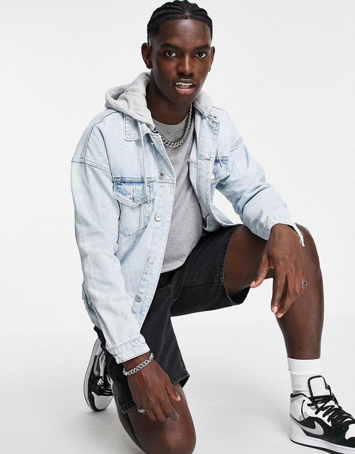 Pull & Bear Hooded Denim Jacket-blues
