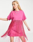 Asos Design Mini T-shirt Dress With Fringing In Bright Pink