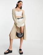 Topshop Knit Ribbed Maxi Cardi In Neutral