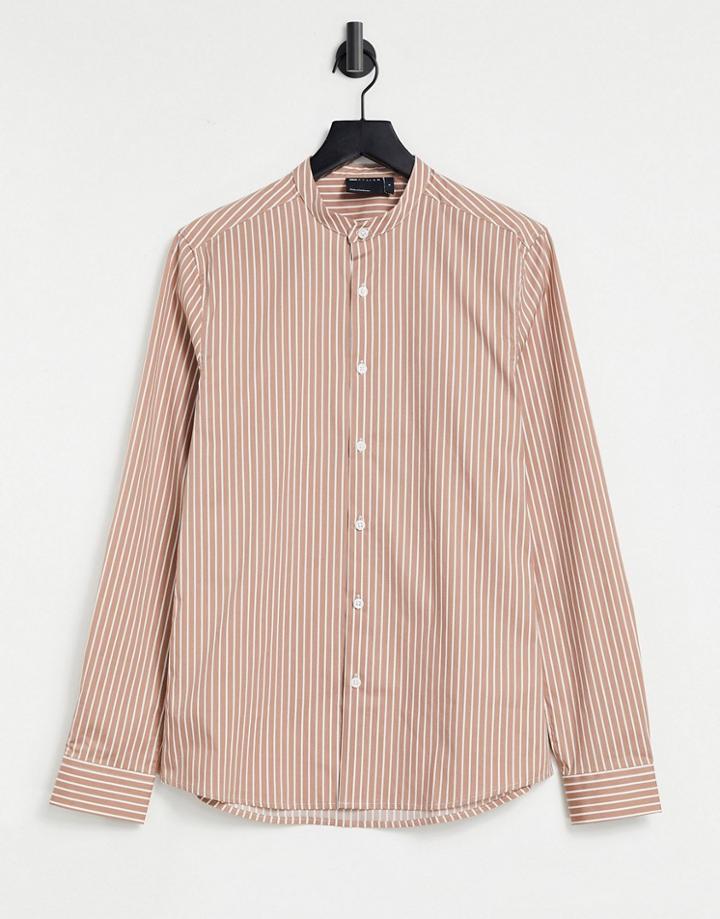 Asos Design Slim Fit Shirt With Grandad Collar In Tan & White Stripe-brown